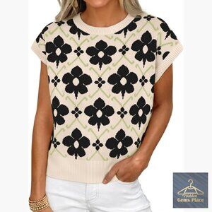 Floral Jacquard Pullover Sweater, Cap Sleeve, Crew Neck, Lightweight Knit,